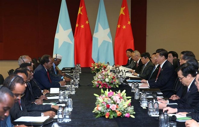 Chinese President Xi Jinping meets with Somali President Hassan Sheikh Mohamoud in Johannesburg, South Africa, Dec. 4, 2015. (Xinhua/Pang Xinglei)