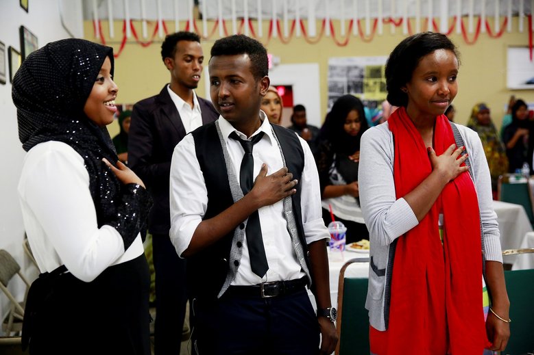 From left, Samira Arte, Nuredin Omar and Nourah Yonous attend a recent event at the Somali Community Services of Seattle. Yonous, 28, recently brought in Fadumo Dayib, a female presidential candidate, to meet the local Somali community. Yonous would like to see women elected in the next election.