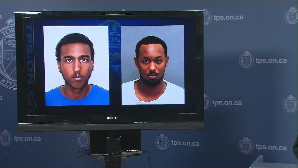 First-degree murder suspect Mohamud Abdwali Dirie (left) and Hassan Abdulle (right) pictured during a police news conference.