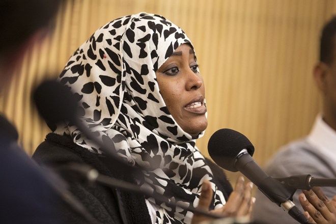 Lul Hersi, a Somali-American community advocate in St. Cloud, participates in a forum discussion entitled "Muslims in Minnesota: A community conversation" held by Minnesota Public Radio at St. Cloud Library on Thursday, January 28, 2016. Photo by: LEILA NAVIDI