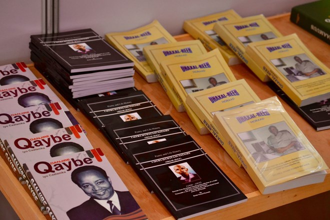 A selection of Somali-language books for sale at the Hargeysa International Book Fair.	(Nyabola, H. Nanjala)