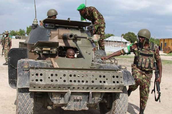 KDF soldiers on patrol in Afmadow, Somalia. On Saturday, March 19, 2016, KDF soldiers killed 21 Al-Shabaab militants in a shootout in Lower Juba Region in Somalia and recovered weapons. Two Kenyan soldiers also died in the shootout. PHOTO | JEFF ANGOTE | NATION MEDIA GROUP
