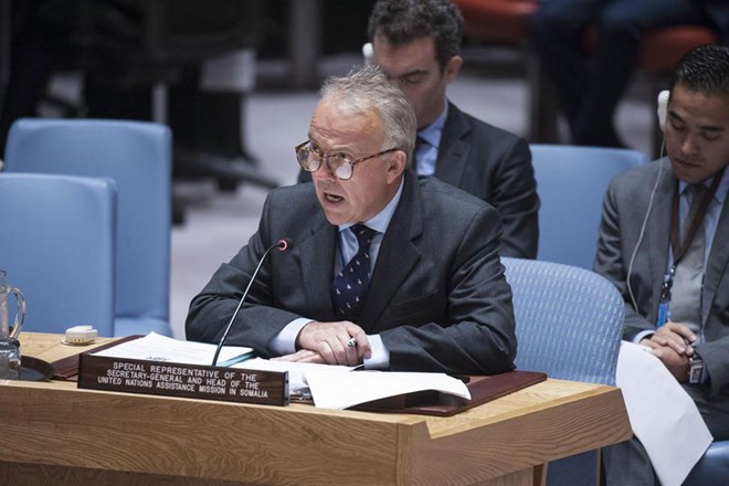 Michael Keating, Special Representative of the Secretary-General and Head of the United Nations Assistance Mission in Somalia (UNSOM), briefs the Security Council. UN Photo/Kim Haughton