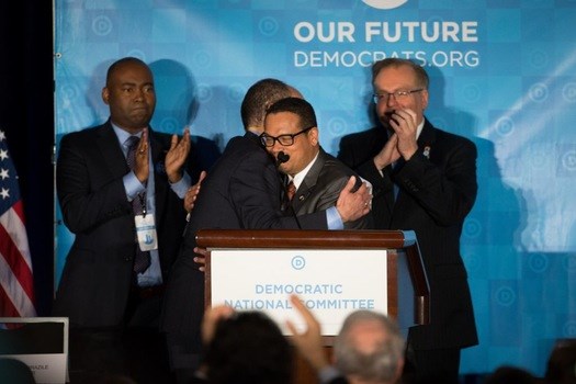 Thomas Perez, the former labor secretary, hugged Rep. Keith Ellison of Minnesota at the Democratic National Committee's winter meeting in Atlanta on Saturday. Perez narrowly beat Ellison in a run-off vote to serve as the new chairman..