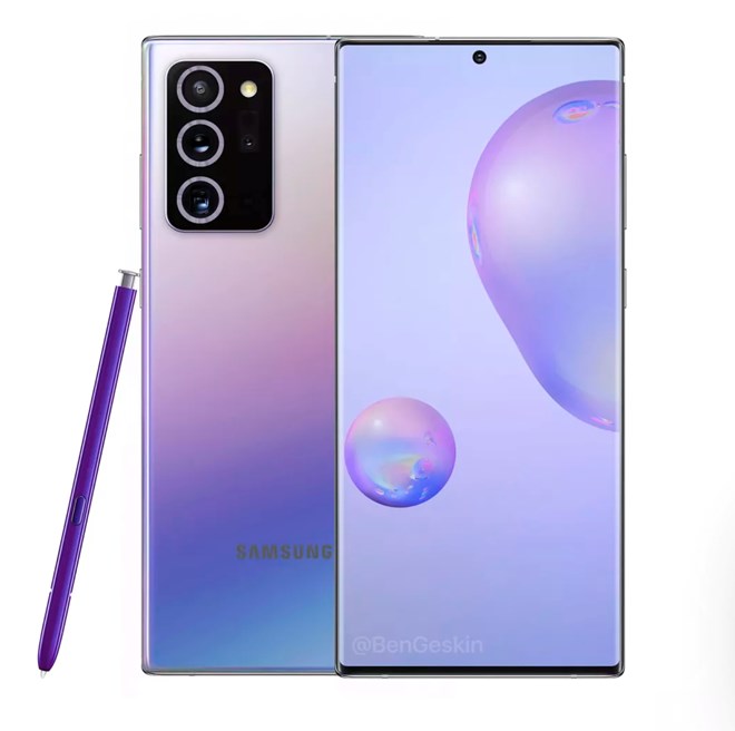 This unofficial render imagines what the Note 20 could look like with a purple stylus and blue-to-purple gradient finish on the back. @BenGeskin
