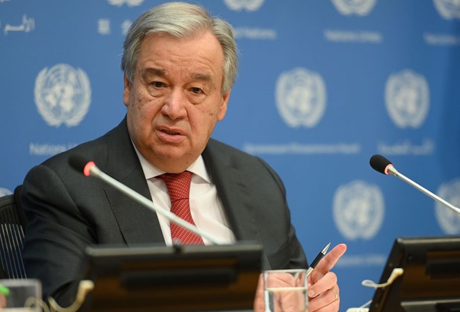 U.N. Secretary-General António Guterres speaks during a press briefing at United Nations headquarters in New York on Feb. 4. ANGELA WEISS/AFP VIA GETTY IMAGES