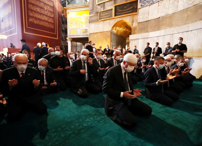 Turkey’s President Tayyip Erdogan attends Friday prayers at Hagia Sophia Grand Mosque, for the first time after it was once again declared a mosque after 86 years, in Istanbul, Turkey, July 24, 2020. — Murat Cetinmuhurdar/PPO handout pic via Reuters