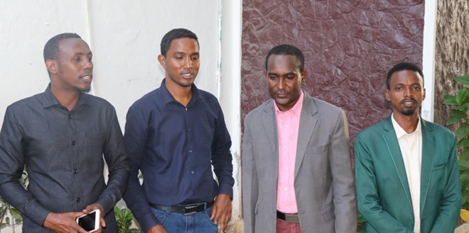 From left) SOMA secretary general, Mohamed Abduwahab; Goobjoog director, Hassan Mohamud; SJS secretary general, Abdalle Mumin and Goobjoog editor, Hanad A. Guled during a joint press conference in Mogadishu on Thursday 30 July, 2020. | Photo/SJS.