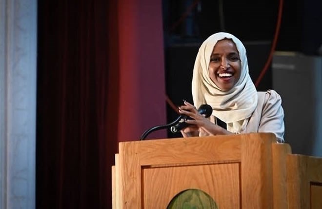 U.S. Rep. Ilhan Omar speaks at a Medicare for All Town Hall at Sabathani Community Center in south Minneapolis. Caroline Yang for MPR News 2019