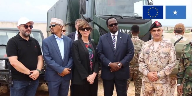 EU Ambassador Karin Johansson and Deputy Prime Minister Salah Jama join Somali and EU military officials for the opening of the new facilities at the General Dhagabadan Training Center. (EU/Somalia)