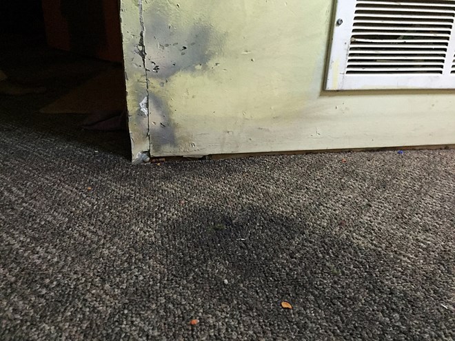 A smoke grenade left a dark burn on the carpet in Adam Aded's home. Mukhtar Ibrahim | MPR News