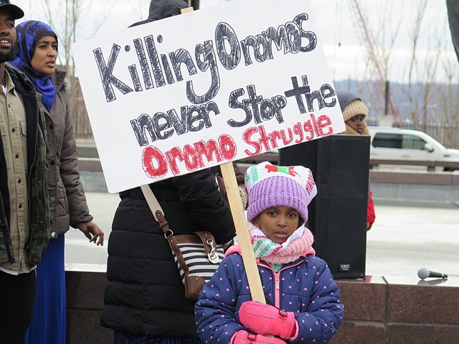 Demonstrators gathered at the State Capitol demanding justice for students killed in Ethiopia. Mukhtar Ibrahim | MPR News