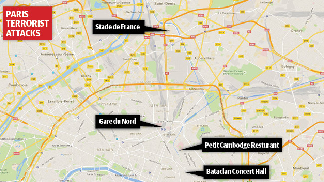 An early map of the attacks in Paris Friday night.Source:News Corp Australia