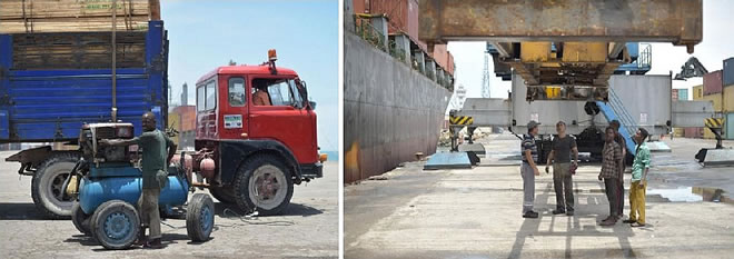 Men load a truck [left] with goods at Mogadishu’s port in Somalia. Turkish and Somali engineers [right] check a crane for defects at Mogadishu’s port in. The use of containers at Mogadishu’s port, as opposed to off loading items individually, has dramatically increased the amount of goods that can be imported and exported to Somalia.