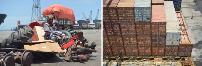 A man sits atop a pile of goods recently brought into Mogadishu’s shipping port in Somalia. Shipping containers lie stacked in Mogadishu port in Somalia. AMISOM PHOTO - TOBIN JONES