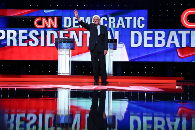 Senator Bernie Sanders at Thursday night’s Democratic debate in Brooklyn. In response to a question about Israel, Mr. Sanders said that Prime Minister Benjamin Netanyahu “is not right all of the time.”
CHANG W. LEE / THE NEW YORK TIMES
