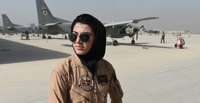 Afghan Air Force Capt. Niloofar Rahmani, shown at a military airfield in the Afghan capital Kabul in April 2015, went to the U.S. in the summer of 2015 for training. PHOTO: AGENCE FRANCE-PRESSE/GETTY IMAGES