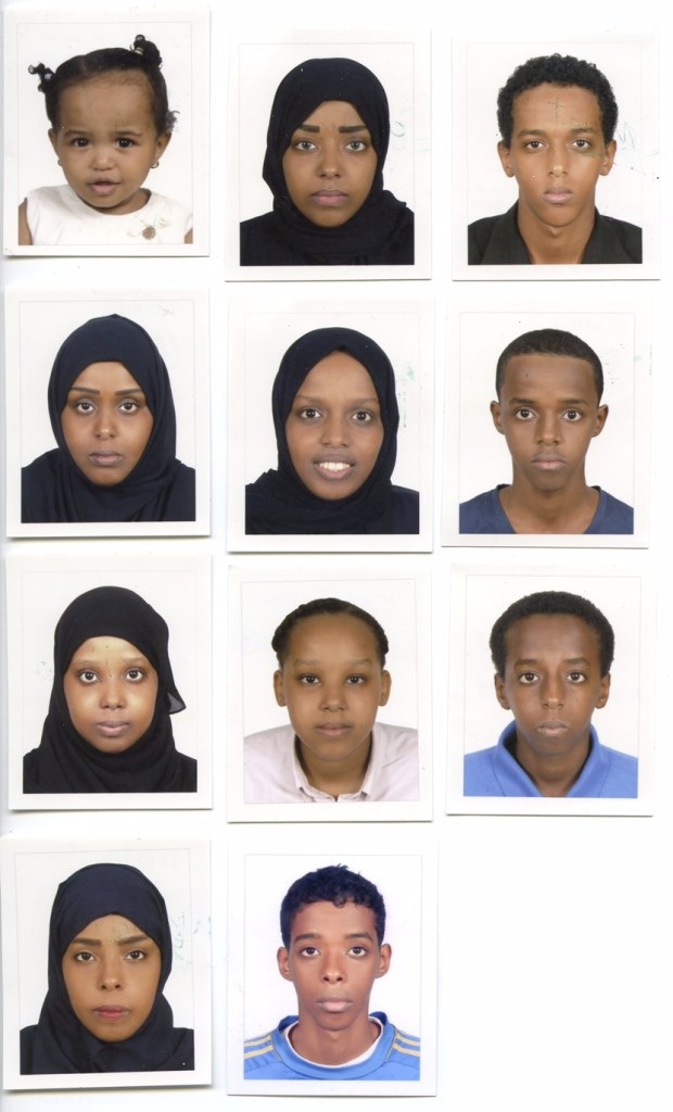 Left to right, top to bottom, are Kinda, 18 months, Nasiimo, 14, Mustafa, 10, Muna, 16, Amal, 11, Mohamed, 12, Huda, 13, Nima, 8, Yassin, 9, Ayan, 15, Fahmi, 10. (Supplied)