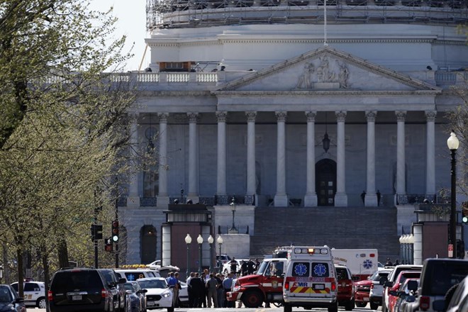 Law Enforcement and rescue vehicles are seen on Capitol Hill in Washington, DC on March 28, 2016, after a U.S. Capitol Police officer was shot at the Capitol Visitor Center complex, and the shooter was taken into custody.