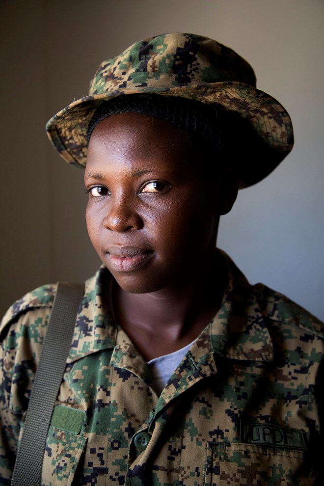 Ugandan Pvt. Scovia Nagun Mafabo poses for a portrait. (CHRISTINA GOLDBAUM | FOREIGN POLICY)