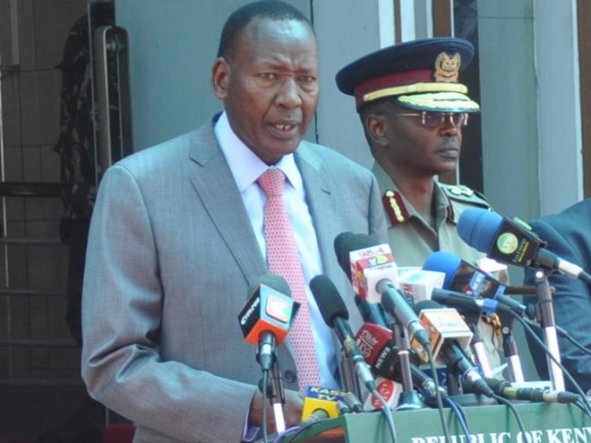 Interior CS Joseph Nkaissery and Inspector General of Police Joseph Boinnet outside Harambee House yesterday /COLLINS KWEYU