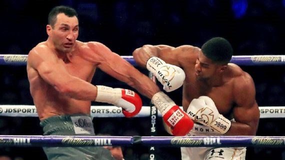 With the fight close, Anthony Joshua, right, knocked Wladimir Klitschko down twice in the 11th before the referee stopped the fight at the 2:25 mark. Peter Byrne/PA/AP