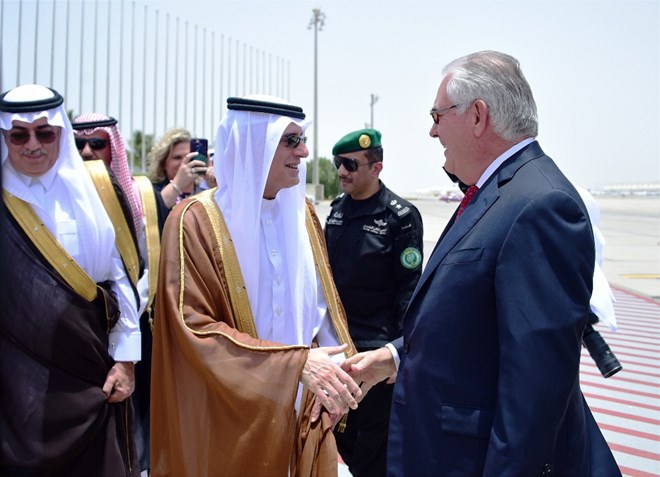 U.S. Secretary of State Rex Tillerson is greeted by Saudi Foreign Minister Adel al-Jubeir upon his arrival in Jiddah, Saudi Arabia, Wednesday, July 12, 2017. Tillerson has held talks with the king of Saudi Arabia and other officials from the countries lined up against Qatar, but there has been no sign of a breakthrough so far in an increasingly entrenched dispute that has divided some of America's most important Mideast allies. (U.S. State Department, via AP)