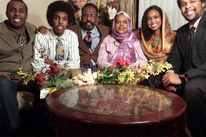 Left to right: Sharmarke, Bogor’s older brother; younger brother Musse; her father, Omar, and her mother, Mai; Sayah; and older brother Dalmer. Photo: Courtesy of Sayah Bogor