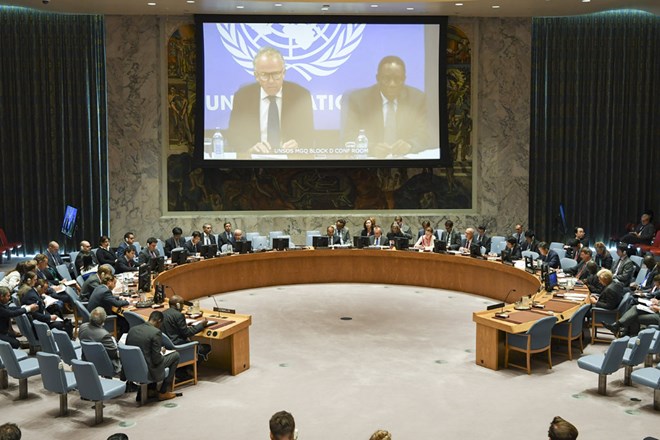 A wide view of the Security Council Chamber as Michael Keating (left on screen), Special Representative of the Secretary-General and Head of the UN Assistance Mission in Somalia (UNSOM), briefs the Council via video link. UN Photo/Eskinder Debebe