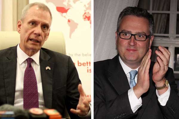 A combined picture of US ambassador to Kenya Robert Godec (left) and British High Commissioner to Kenya Nic Hailey. They are among envoys who commended Kenyans for having confidence in the country's legal system. PHOTOS | TONNY OMONDI | DENNIS ONSONGO | NATION MEDIA GROUP