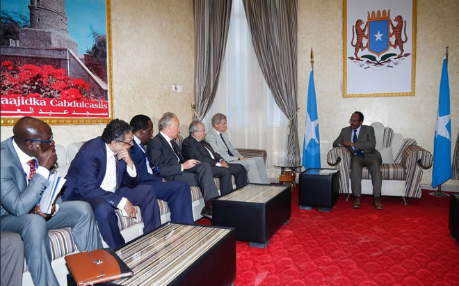 The President of Somalia, Mohamed Abdullahi Mohamed meets a delegation of United Nations and African Union officials at Villa Somalia. The delegation included UN Secretary-General's Special Representative for Somalia, Michael Keating, Ambassador Francisco Madeira, the Special Representative of the Chairperson of the African Union Commission (SRCC), African Union envoy Ramtane Lamamra and United Nations envoy Jean-Marié Guéhenno. The envoys were on a joint mission to consult on funding for the African Union Mission in Somalia (AMISOM) in Mogadishu, Somalia on 01 April 2018. Photo / Villa Somalia