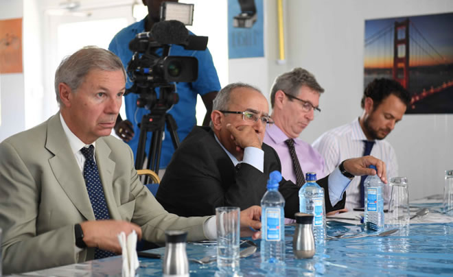 Jean-Marié Guéhenno (left), the UN envoy on funding consultations for the African Union Mission in Somalia (AMISOM) and his African Union counterpart Ramtane Lamamra (second from left) meet high-ranking officials of the United Nations Mission in Somalia and the African Union Mission in Somalia (AMISOM) in Mogadishu, Somalia on 01 April 2018. AMISOM Photo / Raymond Baguma