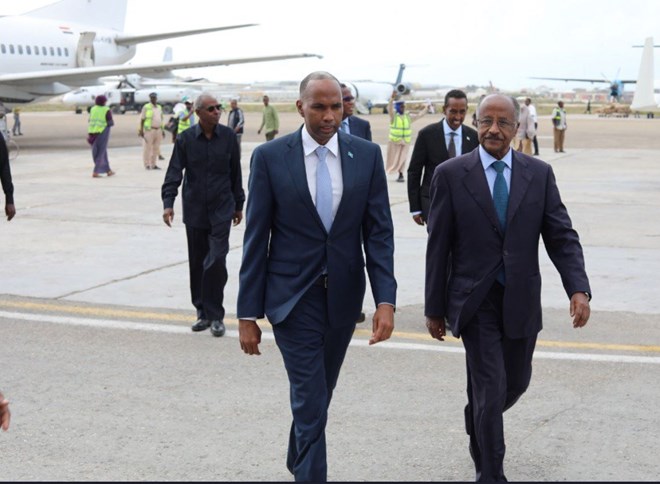 Prime Minister Hassan Khaire (L) and the Eritrea Foreign Minister Osman Saleh upon the minister’s arrival in the country Monday morning. Photo: PM Kheire's twitter account