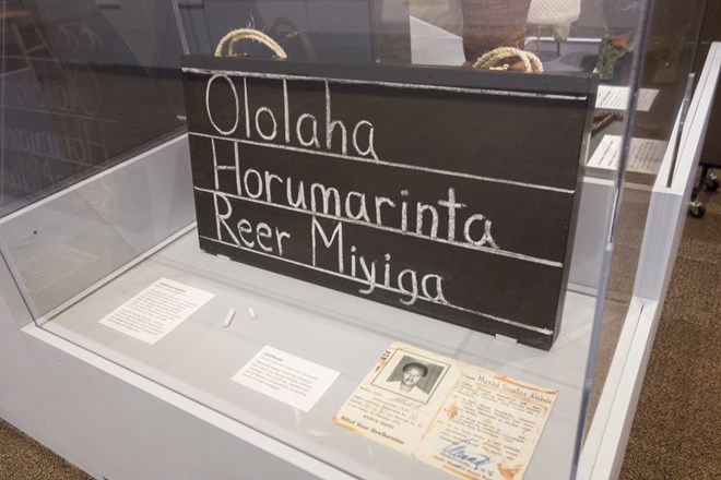 The exhibition includes a "chalkboard suitcase." Such cases were used by Somalis in the early 1970s during a nationwide literacy campaign. Courtesy of Andrea Reed, Minnesota Historical Society