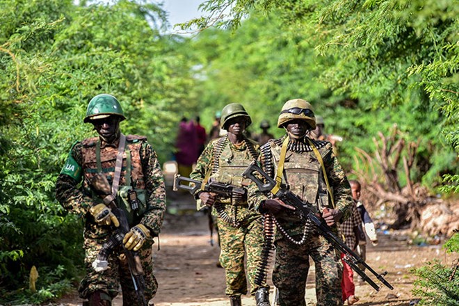 UPDF troops under Amisom patrolling Ceeljalle town in the Lower Shabelle region