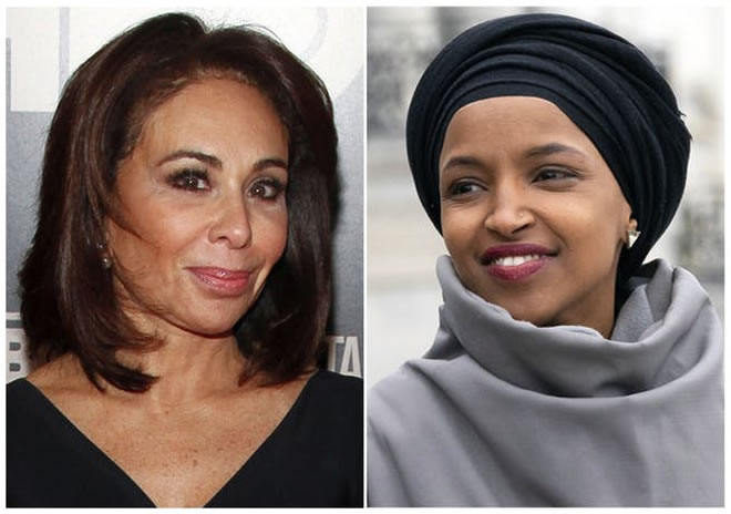 This combination photo shows Fox News host Jeanine Pirro, left, and Rep. Ilhan Omar, D-Minn.