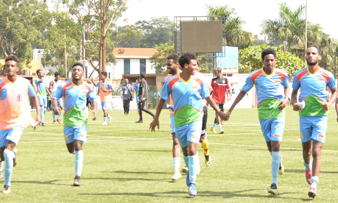 The national football team of Eritrea celebrating after beating Kenya 4-1 going through to the final of the 2019 CECAFA Senior Challenge Cup.