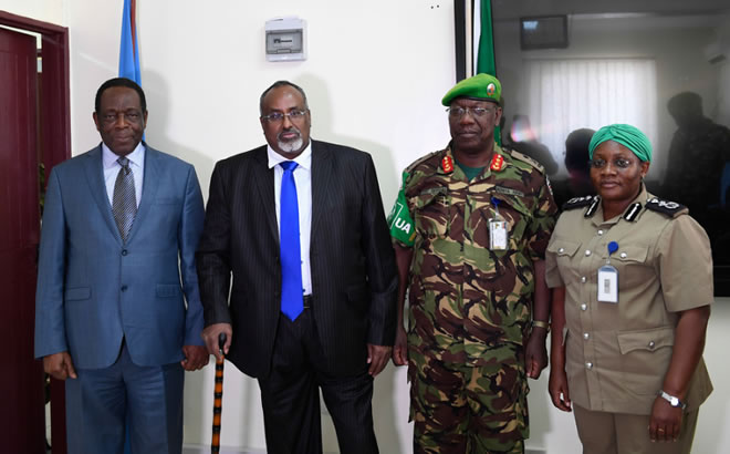 Mohamed Abdi Waare, the President of Hirshabelle State of Somalia, in a group photo with Ambassador Francisco Madeira, the Special Representative of the Chairperson of the African Union Commission (SRCC) for Somalia, Maj. Gen. Charles Tai Gituai, the AMISOM Deputy Force Commander in Charge of Operations and Plans, and Christine Alalo, the Acting AMISOM Police Commissioner, in Mogadishu on 2 February 2019. AMISOM Photo / Omar Abdisalan