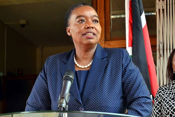 Foreign Affairs Cabinet Secretary Monica Juma addressing journalists outside her Nairobi office on May 21, 2019 on her talks with European Union's High Representative for Foreign Affairs Federica Mogherini (not in frame). Kenya and Somalia are wrangling over territorial waters rich in hydrocarbons. PHOTO | FILE | NATION MEDIA GROUP