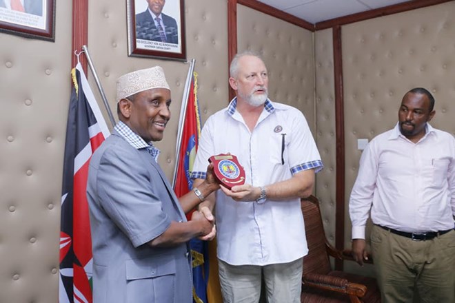 LAPSSET Garissa Governor Ali Korane with the KPA's Col. (Rtd). Conrad Thorpe in his office on Wednesday when Lapsset officials paid him a courtesy call.Image: STEPHEN ASTARIKO